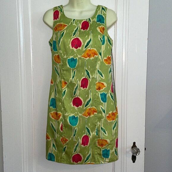 Vtg 80s/90s Alexander Campbell  green sleeveless sheath dress with tulip design - Picture 1 of 12